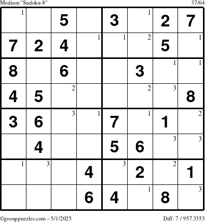 The grouppuzzles.com Medium Sudoku-8 puzzle for Thursday May 1, 2025 with the first 3 steps marked