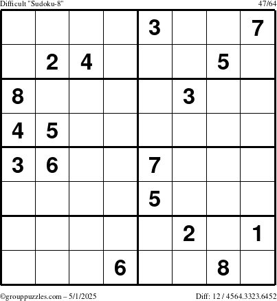 The grouppuzzles.com Difficult Sudoku-8 puzzle for Thursday May 1, 2025