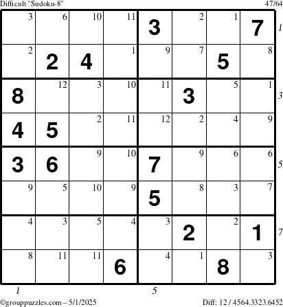 The grouppuzzles.com Difficult Sudoku-8 puzzle for Thursday May 1, 2025 with all 12 steps marked