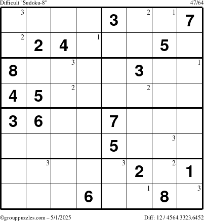 The grouppuzzles.com Difficult Sudoku-8 puzzle for Thursday May 1, 2025 with the first 3 steps marked