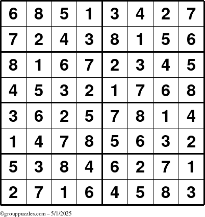 The grouppuzzles.com Answer grid for the Sudoku-8 puzzle for Thursday May 1, 2025