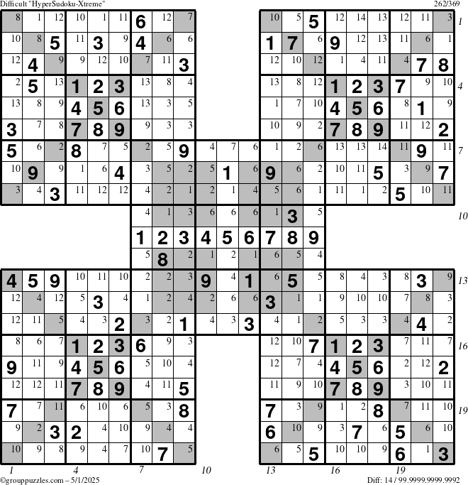 The grouppuzzles.com Difficult cover-HyperXtreme puzzle for Thursday May 1, 2025 with all 14 steps marked