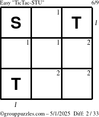 The grouppuzzles.com Easy TicTac-STU puzzle for Thursday May 1, 2025 with all 2 steps marked