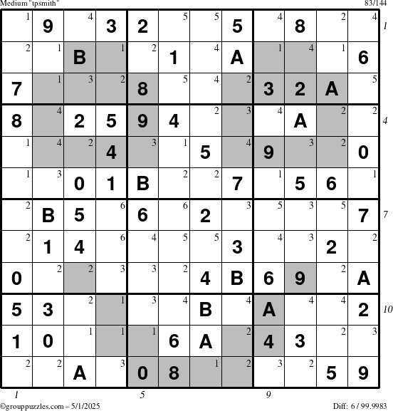 The grouppuzzles.com Medium tpsmith puzzle for Thursday May 1, 2025 with all 6 steps marked