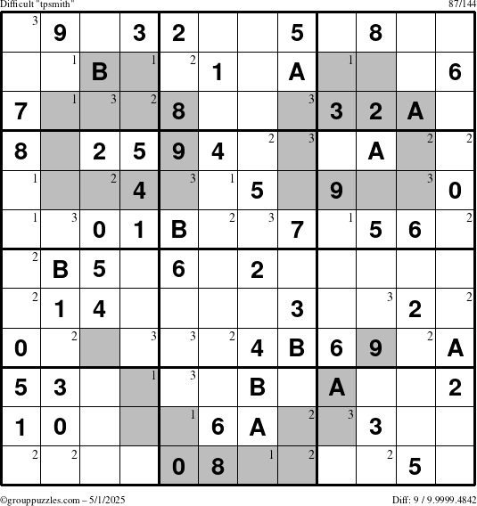 The grouppuzzles.com Difficult tpsmith puzzle for Thursday May 1, 2025 with the first 3 steps marked