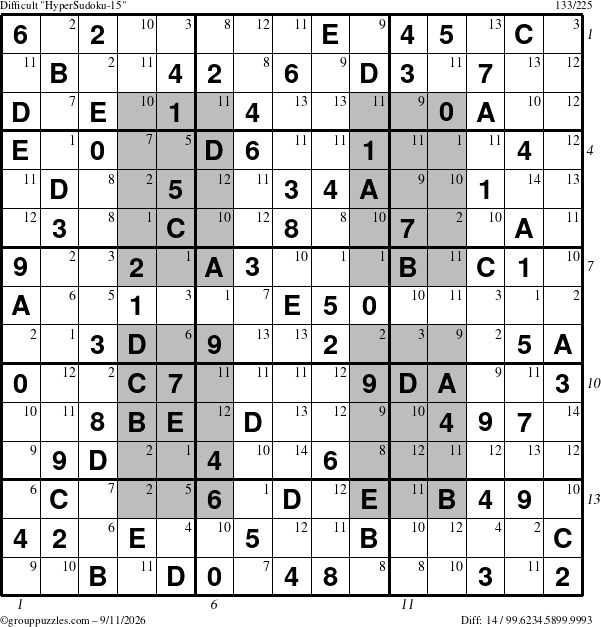 The grouppuzzles.com Difficult HyperSudoku-15 puzzle for Friday September 11, 2026, suitable for printing, with all 14 steps marked