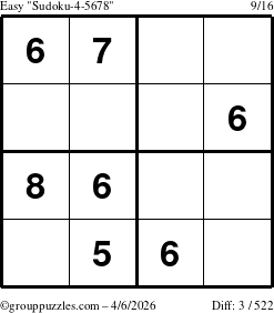 The grouppuzzles.com Easy Sudoku-4-5678 puzzle for Monday April 6, 2026