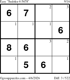 The grouppuzzles.com Easy Sudoku-4-5678 puzzle for Monday April 6, 2026 with the first 3 steps marked