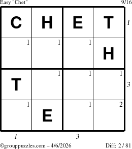 The grouppuzzles.com Easy Chet puzzle for Monday April 6, 2026 with all 2 steps marked