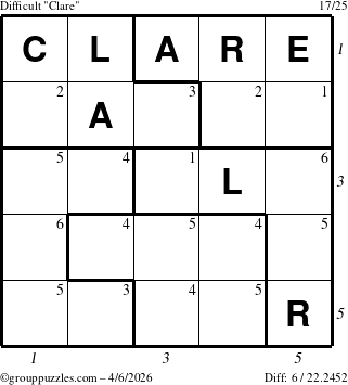 The grouppuzzles.com Difficult Clare puzzle for Monday April 6, 2026 with all 6 steps marked