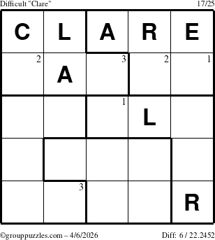The grouppuzzles.com Difficult Clare puzzle for Monday April 6, 2026 with the first 3 steps marked