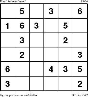 The grouppuzzles.com Easy Sudoku-Junior puzzle for Monday April 6, 2026