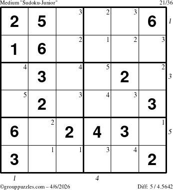 The grouppuzzles.com Medium Sudoku-Junior puzzle for Monday April 6, 2026, suitable for printing, with all 5 steps marked