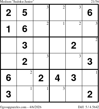 The grouppuzzles.com Medium Sudoku-Junior puzzle for Monday April 6, 2026 with the first 3 steps marked