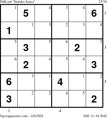The grouppuzzles.com Difficult Sudoku-Junior puzzle for Monday April 6, 2026, suitable for printing, with all 6 steps marked