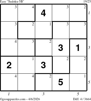 The grouppuzzles.com Easy Sudoku-5B puzzle for Monday April 6, 2026, suitable for printing, with all 4 steps marked