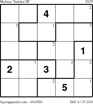 The grouppuzzles.com Medium Sudoku-5B puzzle for Monday April 6, 2026 with the first 3 steps marked