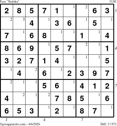 The grouppuzzles.com Easy Sudoku puzzle for Monday April 6, 2026, suitable for printing, with all 3 steps marked