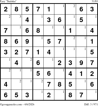 The grouppuzzles.com Easy Sudoku puzzle for Monday April 6, 2026 with the first 3 steps marked