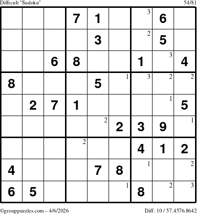 The grouppuzzles.com Difficult Sudoku puzzle for Monday April 6, 2026 with the first 3 steps marked