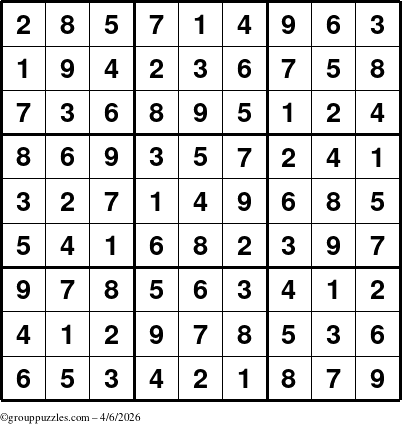 The grouppuzzles.com Answer grid for the Sudoku puzzle for Monday April 6, 2026