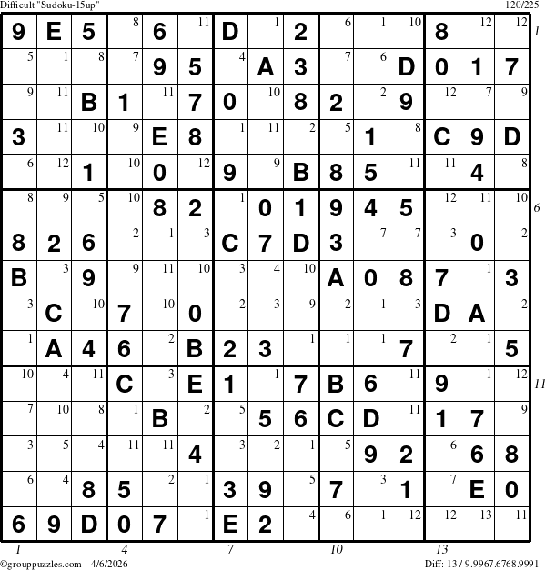 The grouppuzzles.com Difficult Sudoku-15up puzzle for Monday April 6, 2026 with all 13 steps marked