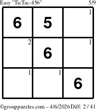 The grouppuzzles.com Easy TicTac-456 puzzle for Monday April 6, 2026 with the first 2 steps marked
