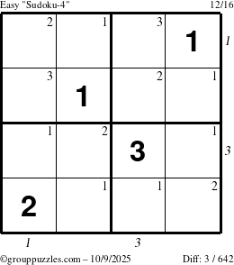 The grouppuzzles.com Easy Sudoku-4 puzzle for Thursday October 9, 2025, suitable for printing, with all 3 steps marked