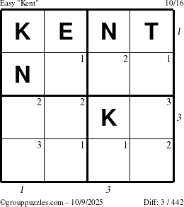 The grouppuzzles.com Easy Kent puzzle for Thursday October 9, 2025 with all 3 steps marked