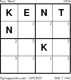 The grouppuzzles.com Easy Kent puzzle for Thursday October 9, 2025 with the first 3 steps marked