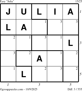 The grouppuzzles.com Easy Julia puzzle for Thursday October 9, 2025, suitable for printing, with all 3 steps marked