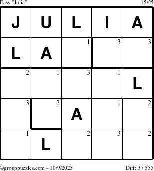 The grouppuzzles.com Easy Julia puzzle for Thursday October 9, 2025 with the first 3 steps marked