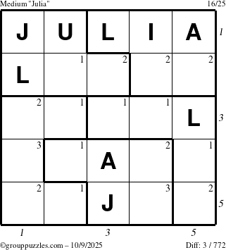 The grouppuzzles.com Medium Julia puzzle for Thursday October 9, 2025, suitable for printing, with all 3 steps marked