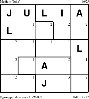 The grouppuzzles.com Medium Julia puzzle for Thursday October 9, 2025 with the first 3 steps marked