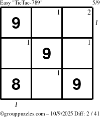 The grouppuzzles.com Easy TicTac-789 puzzle for Thursday October 9, 2025, suitable for printing, with all 2 steps marked