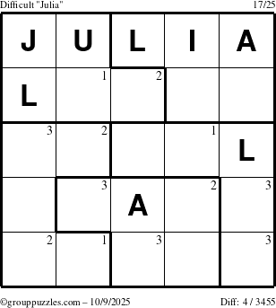 The grouppuzzles.com Difficult Julia puzzle for Thursday October 9, 2025 with the first 3 steps marked