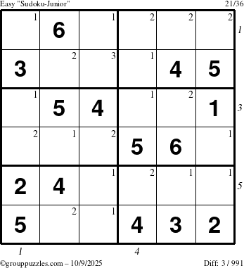 The grouppuzzles.com Easy Sudoku-Junior puzzle for Thursday October 9, 2025 with all 3 steps marked