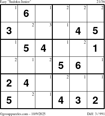 The grouppuzzles.com Easy Sudoku-Junior puzzle for Thursday October 9, 2025 with the first 3 steps marked