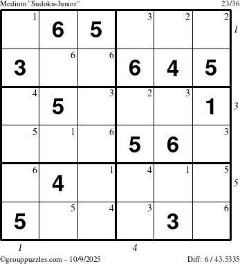 The grouppuzzles.com Medium Sudoku-Junior puzzle for Thursday October 9, 2025 with all 6 steps marked