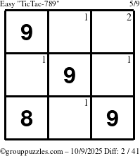 The grouppuzzles.com Easy TicTac-789 puzzle for Thursday October 9, 2025 with the first 2 steps marked