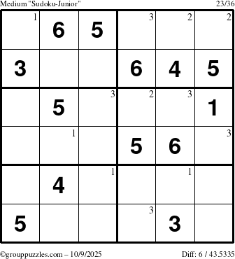 The grouppuzzles.com Medium Sudoku-Junior puzzle for Thursday October 9, 2025 with the first 3 steps marked