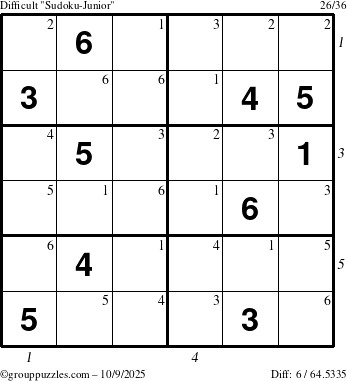 The grouppuzzles.com Difficult Sudoku-Junior puzzle for Thursday October 9, 2025 with all 6 steps marked