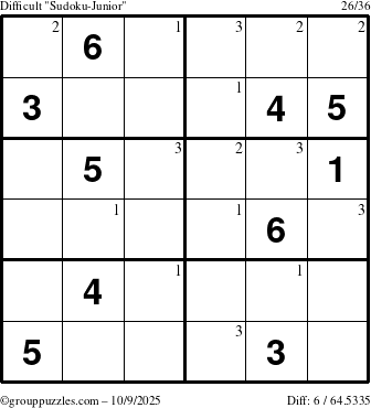 The grouppuzzles.com Difficult Sudoku-Junior puzzle for Thursday October 9, 2025 with the first 3 steps marked