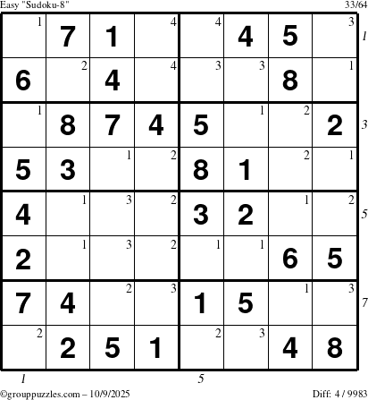 The grouppuzzles.com Easy Sudoku-8 puzzle for Thursday October 9, 2025 with all 4 steps marked