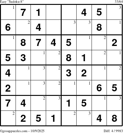 The grouppuzzles.com Easy Sudoku-8 puzzle for Thursday October 9, 2025 with the first 3 steps marked