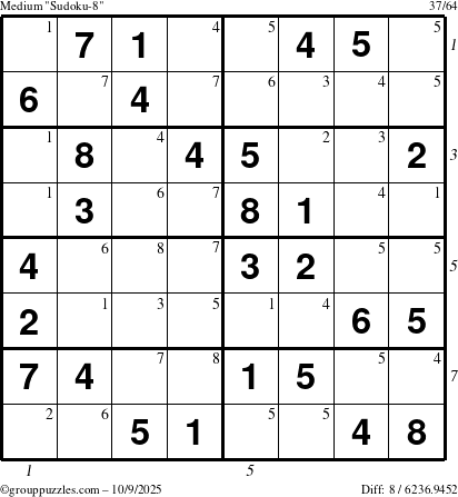 The grouppuzzles.com Medium Sudoku-8 puzzle for Thursday October 9, 2025 with all 8 steps marked