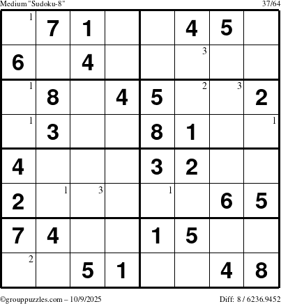 The grouppuzzles.com Medium Sudoku-8 puzzle for Thursday October 9, 2025 with the first 3 steps marked