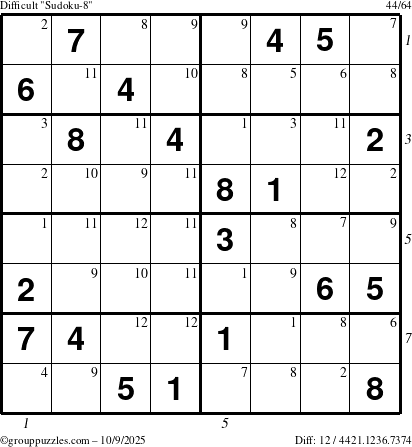The grouppuzzles.com Difficult Sudoku-8 puzzle for Thursday October 9, 2025, suitable for printing, with all 12 steps marked