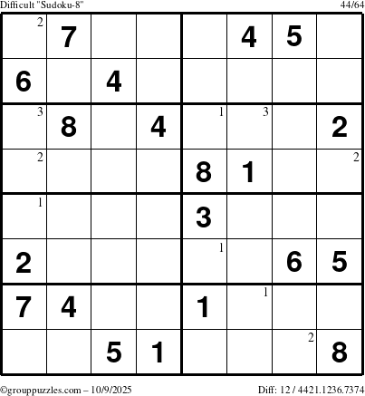 The grouppuzzles.com Difficult Sudoku-8 puzzle for Thursday October 9, 2025 with the first 3 steps marked