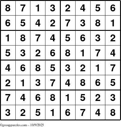 The grouppuzzles.com Answer grid for the Sudoku-8 puzzle for Thursday October 9, 2025